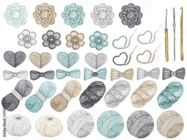 Obraz Crochet Shop concept of hooks, Ball of yarn, crocheted heart, bow, hook, flowers. Watercolor Hand drawn hobby Knitting and Crocheting on white background. Elements set scandinavian style clipart