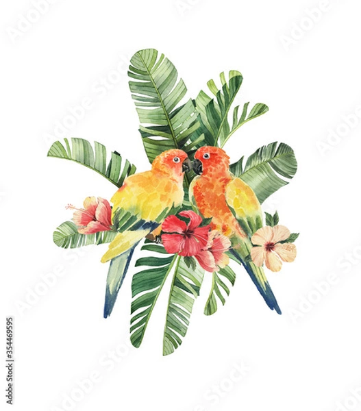 Fototapeta Print with beautiful watercolor parrots and tropical leaves. Tropics. Realistic tropical leaves. Tropical birds.
