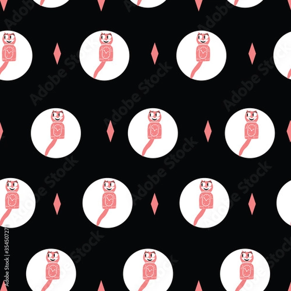 Obraz 50s cat clock vintage pink and black seamless repeat pattern with diamonds.g