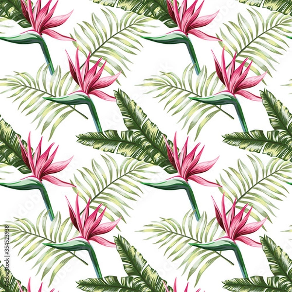 Obraz Beautiful multi colored exotic tropical flowers strelitzia and green palm, banana, fern leaves seamless vector repeating pattern on white background. Beach summer trendy illustration.
