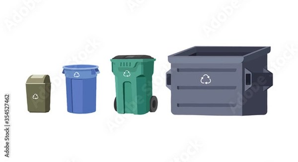 Obraz House trash bins. Garbage cans of different sizes. Garbage processing. Container. Colorful recycle trash buckets. Vector isolated illustration in a flat style on a white background.