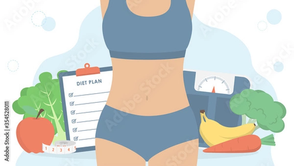 Fototapeta Woman body with diet plan on clipboard, weight scale, measuring tape, fruits and vegetables on background. Healthy lifestyle, weight loss and nutrition consultation concept. Flat vector illustration.