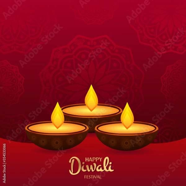 Fototapeta Happy Diwali greeting card red and gold color concept. India festival of lights holiday invitations template, banner, card, postcard. Vector illustration.