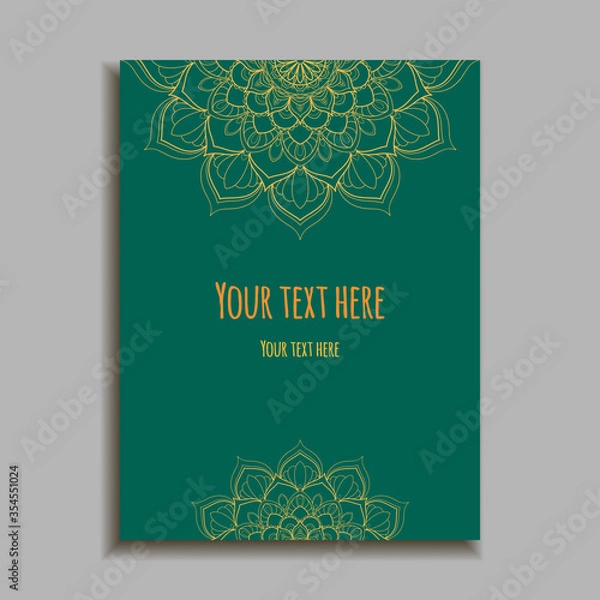 Obraz Green and yellow color Invitation Card with  mandala ornament. Card template for Wedding invitation or Birthday greeting card. Vector illustration