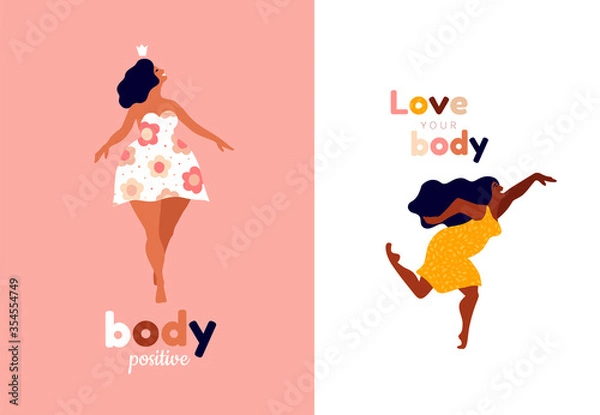 Obraz Happy women. Body positive vertical cards. Love yourself, your body lettering type. Female freedom, girl power or international women's day vector illustration.