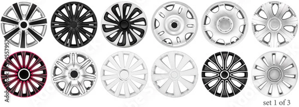 Obraz Sets wheels covers for car, different models. Three sets. Isolated on a white background.