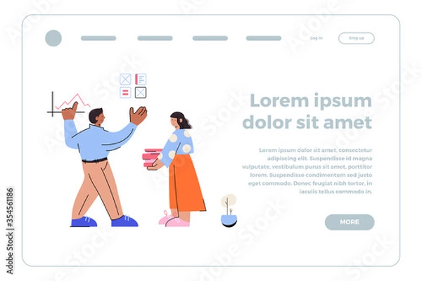 Fototapeta Web banner template, mobile interface design. Freelancer Works from home or office as a team. Designer, programmer, writer. Stylized cartoon characters for web design.