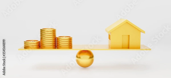 Fototapeta 3d render of money house with stacks of golden coins balance scale.