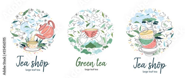 Fototapeta . Tea Card Design. One line drawing. Continuous line. Circular composition.Vector set.