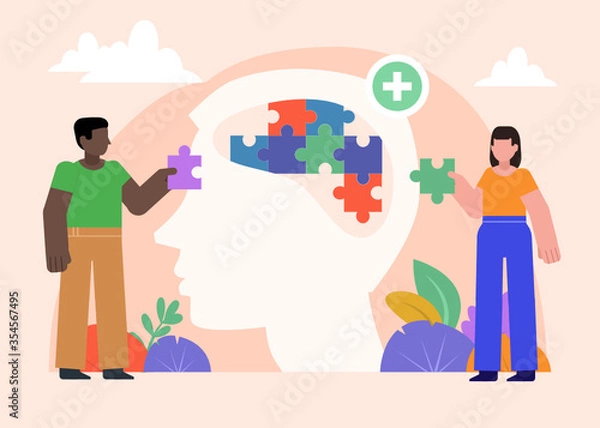 Fototapeta Mental health support or improvement concept. Man and woman combine puzzle. Minimal design vector illustration