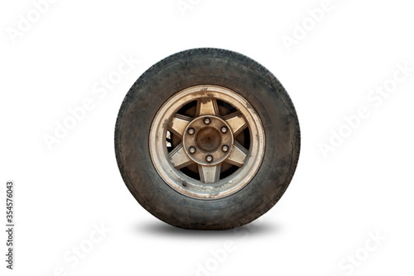 Obraz old Tires on alloy wheels Isolated silver aluminum on a white background with clipping path
