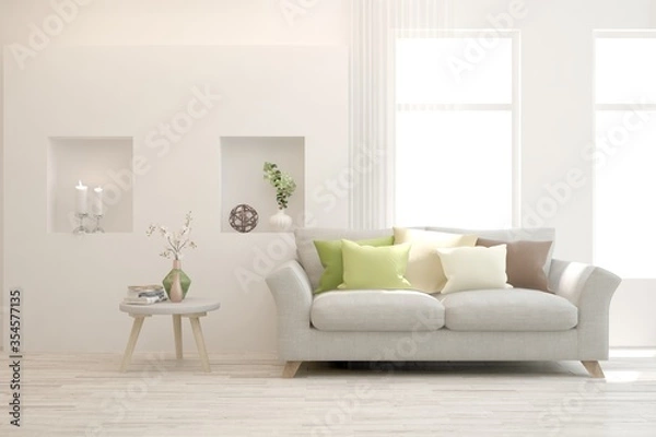 Obraz White living room with sofa. Scandinavian interior design. 3D illustration
