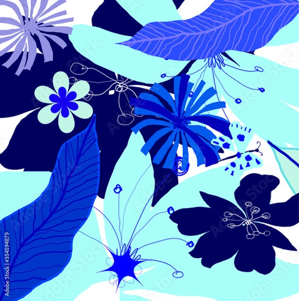 Obraz Abstract lovely blue flowers and leaves pattern background. Creative cute floral hand drawn for your design