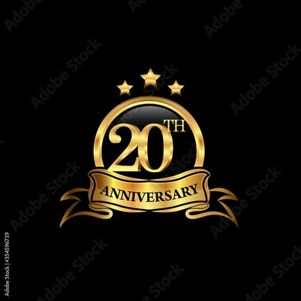 Fototapeta 20 year anniversary celebration. Anniversary classic elegance golden color isolated on black background, vector design for celebration, invitation card, and greeting card
