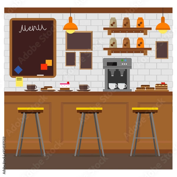 Fototapeta Interior of a cozy cafe. Family coffee shop with treats for a pleasant stay. Vector illustration.
