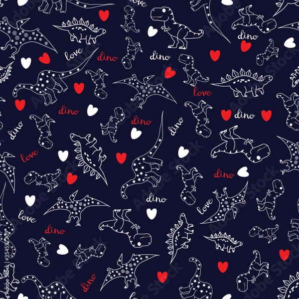 Fototapeta Cute hand drawn dinosaur vector seamless pattern background.