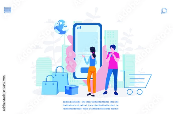 Obraz People shop online. E-commerce and online shopping. Vector illustration for web banner, infographics, mobile. Mobile shopping. 