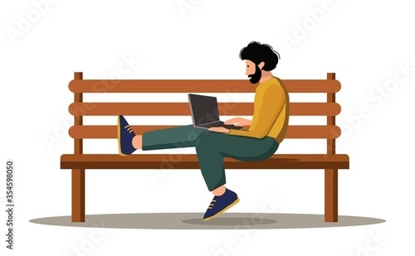 Obraz Freelance, remote work, business concept. Man using laptop computer on street bench, mock up screen.. Vector flat cartoon illustration.