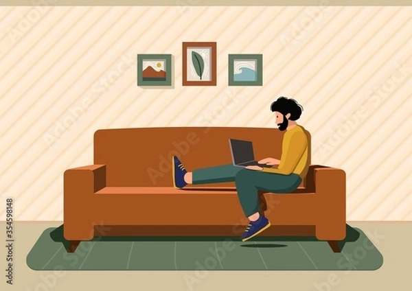 Fototapeta Freelance home or studying concept. Remote work. Man works sitting at home. Male with computer lies on the couch. Cartoon flat vector illustration.