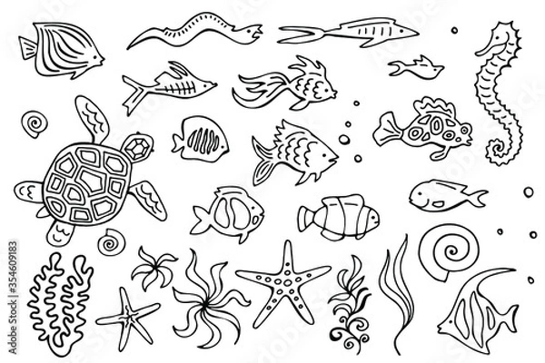 Obraz Seamless pattern with doodle fishes on a blue background. Vector set. Hand drawing.