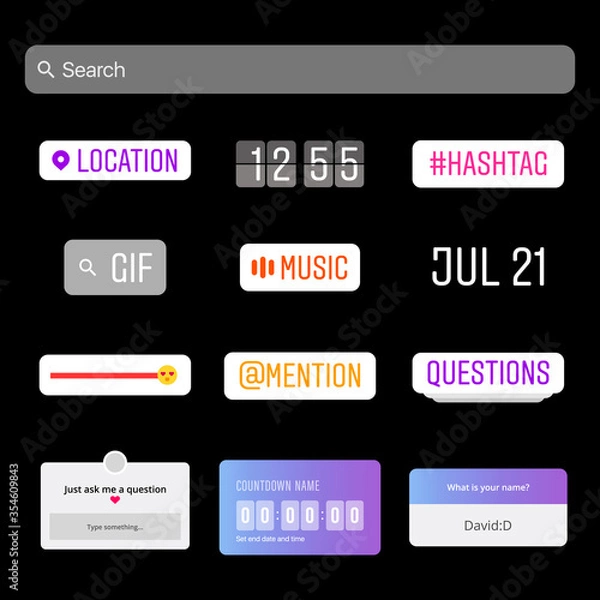 Fototapeta Instagram Stickers. Youtube. Social Media Interface Stickers. Sticker Set. Social Media. Hashtag, Emoji Slider, Countdown Timer, Location, Question, Time and Date Frames Vector illustration. Frame