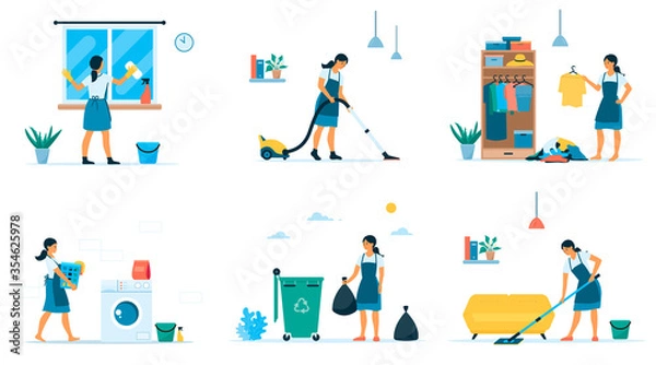 Fototapeta Vector flat set of woman making different housework
