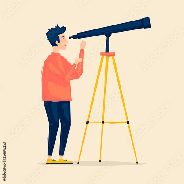 Fototapeta Man looks through a telescope, searching for ideas.  Flat illustration in cartoon style. Vector.