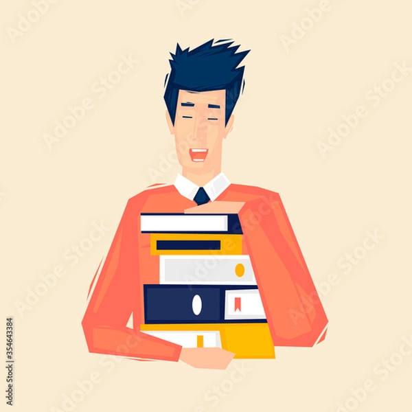Fototapeta Man holds a stack of books, student, education.  Flat illustration in cartoon style. Vector.