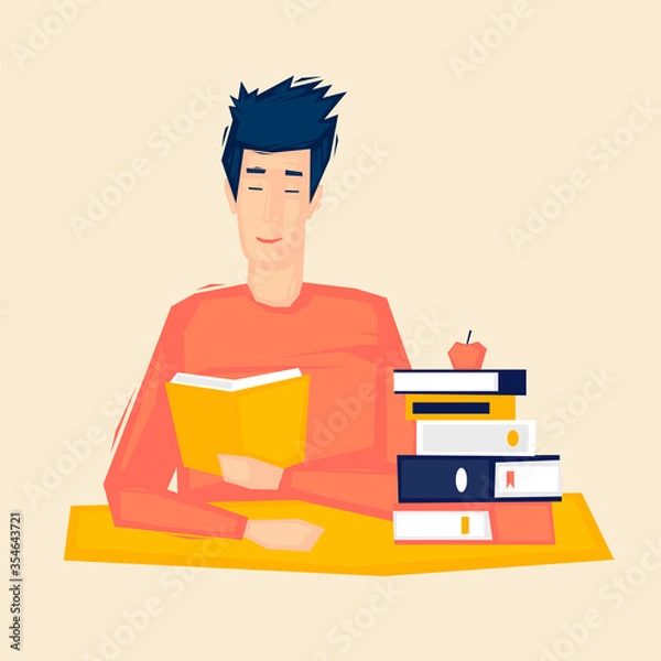 Fototapeta Man is reading a book. Library.  Flat illustration in cartoon style. Vector.