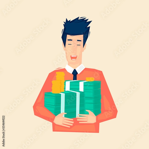 Fototapeta Successful businessman holds a lot of money. Flat illustration in cartoon style. Vector.