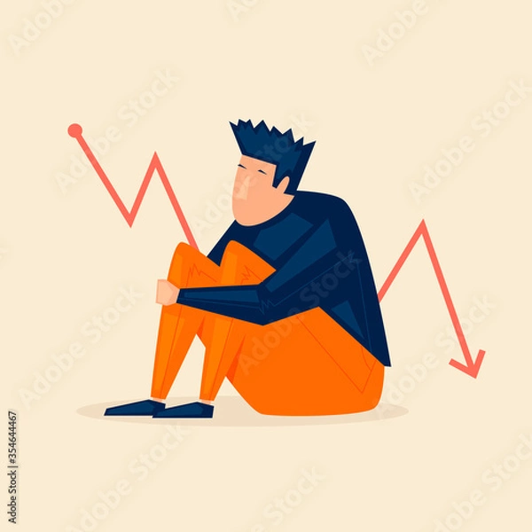 Fototapeta Crisis, a sad man is sitting. Flat illustration in cartoon style. Vector.