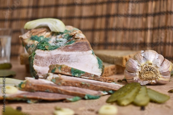 Fototapeta snacks on the table. bread, lard, cucumbers