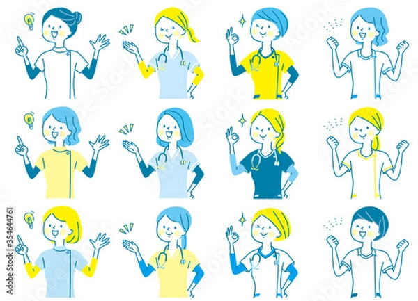 Fototapeta 若い女性　医師　看護師　整体師　白衣　表情セット