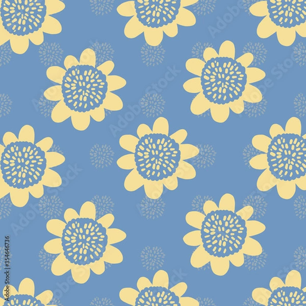 Obraz cute 60s vintage Retro floral with big yellow simple flowers. pattern with blue background. 