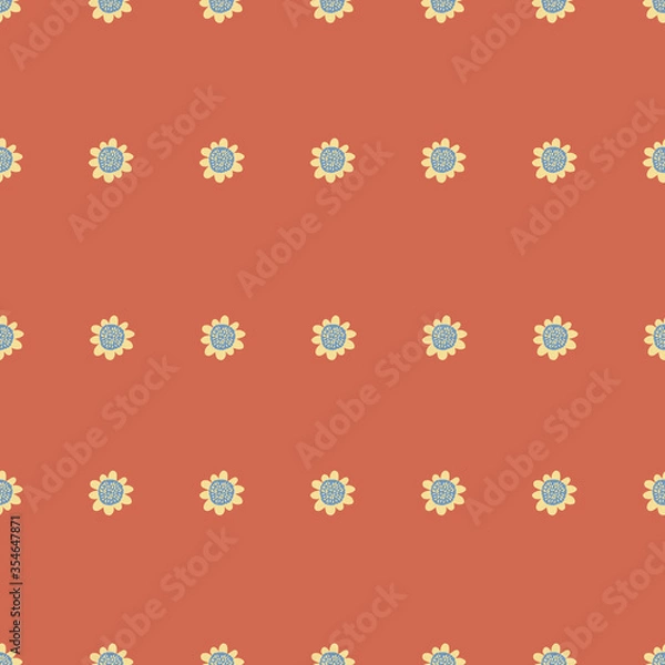 Obraz 60s vintage Retro floral daisy pattern with orange background. Small yellow and blue flowers.