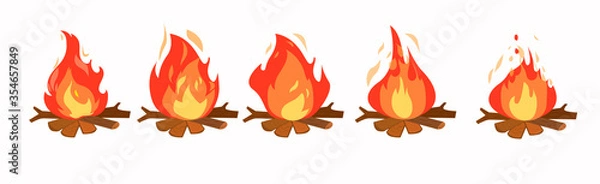 Fototapeta Set of fire animation, vector flat style.Bonfire, motion footage