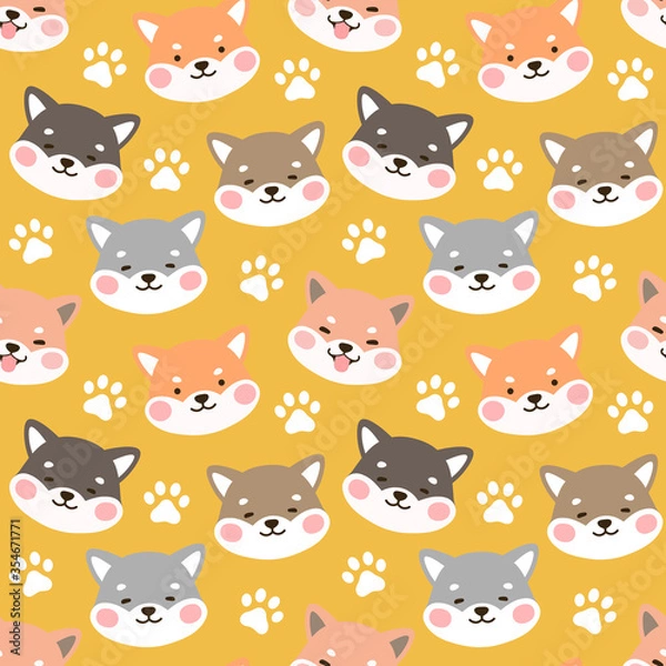 Fototapeta Dog Seamless Pattern Background, Happy shiba inu with dog paw and bone, Cartoon Shiba Dog Vector illustration, scandinavian wallpaper background