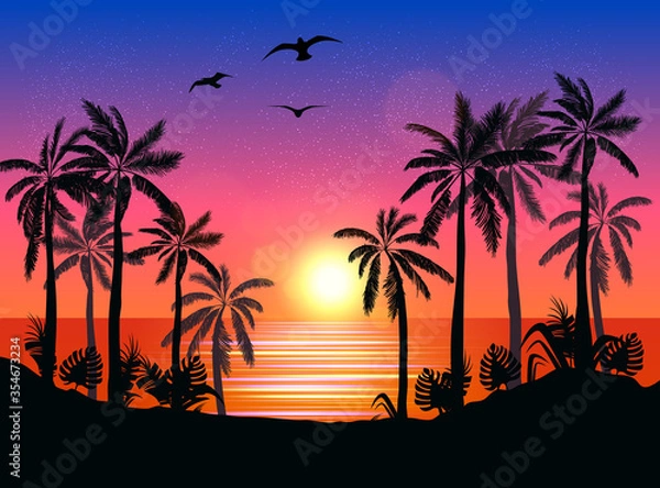 Obraz Summer beach night palm silhouettes on summer sunset with beautiful night sky background. Tropical sunset, summer paradise. Vector illustration.