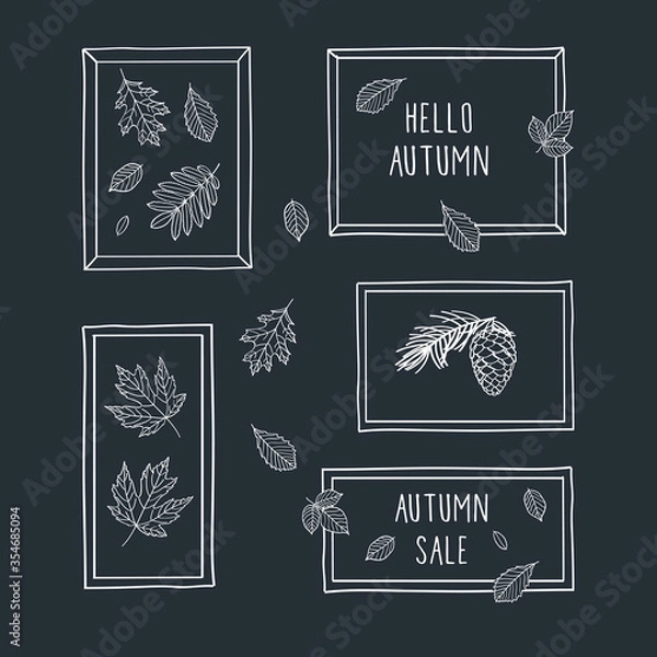 Fototapeta Set of hand drawn frames with autumn leaves. Fall of the leaves. Sketch, design elements. Vector illustration.