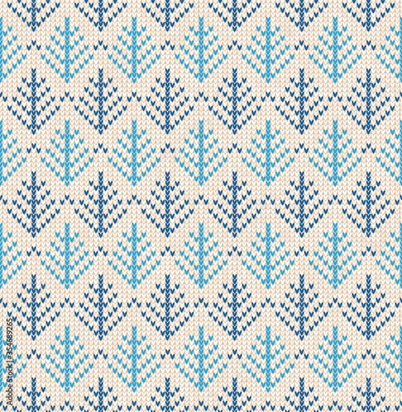 Fototapeta Christmas Scandinavian flat style white and blue knitted seamless pattern with trees