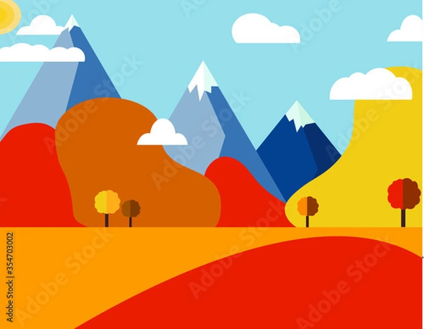 Fototapeta Vector autumn illustration in a flat style. Mountain landscapes with clouds and trees.
