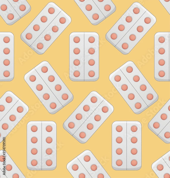 Fototapeta Blisters with round red pills seamless pattern on yellow background