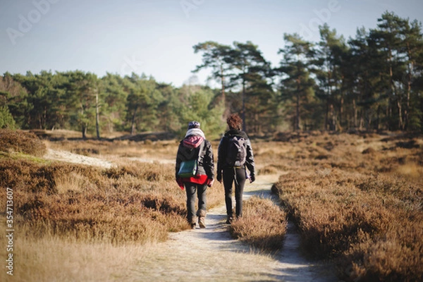 Obraz two friends woman, walking in the nature on a hiking trail in a beautiful and sunny day of autumn.
