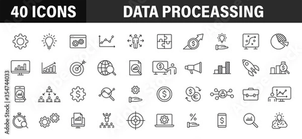 Fototapeta Set of 40 Data Proceassing web icons in line style. Graphic, analytics, statistic, network, diagrams, digital. Vector illustration.