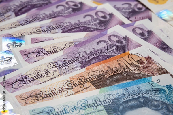 Obraz Sterling Pound banknotes which released by February 2020 in the United Kingdom. New British polymer money. The 5, 10, 20 pound notes.