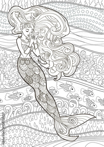 Fototapeta Coloring page for adults with mermaid and complex background in zentangle style 