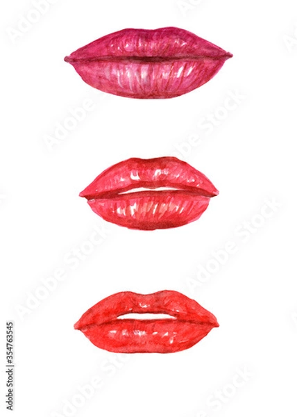 Obraz watercolor fashion illustration of red lips in different positions on white background
