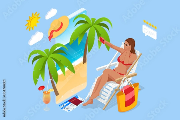 Fototapeta It's Summer time banner. Summer Luxury vacation. Isometric beautiful girl in a swimsuit sits in a beach chair and takes a selfie on the background of the sea