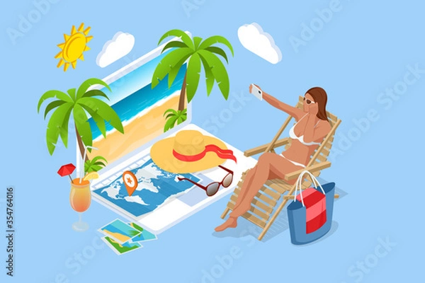 Fototapeta It's Summer time banner. Summer Luxury vacation. Isometric beautiful girl in a swimsuit sits in a beach chair and takes a selfie on the background of the sea