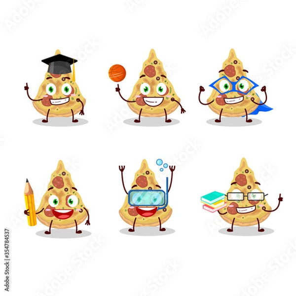Fototapeta School student of slice of pizza cartoon character with various expressions